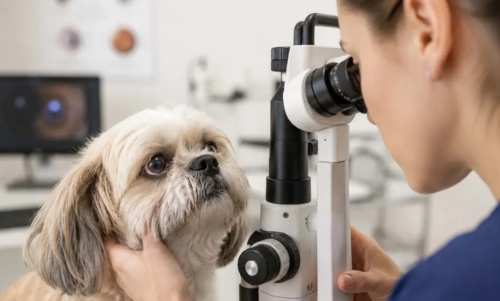 Dog being examined for distichiasis